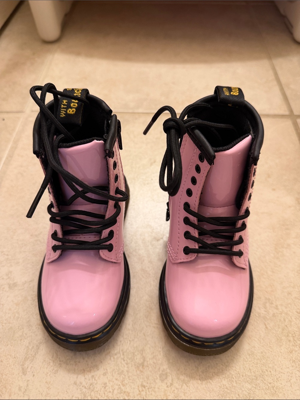 Dr. Martens Pink Patent Lace-Up Boots with Black Trim